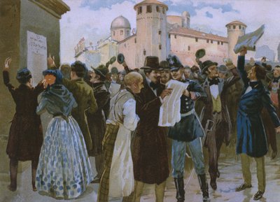 Proclamation des résultats du plébiscite du 4 mars 1848 devant le Palazzo Reale à Turin, illustration d
