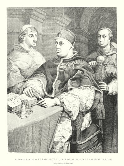 Raphaël Sanzio, Le Pape Léon X, Jules de Médicis et le Cardinal de Rossi, Collection du Palais Pitti (gravure) - Italian School