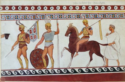 Reconstruction de la peinture de tombe de Paestum représentant des soldats et cavaliers grecs - Italian School