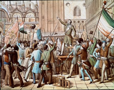Représentation de Daniele Manin (1808-1857), homme politique qui a dirigé la révolution de Venise contre la présence autrichienne en 1848 : la proclamation de la République vénitienne en mars 1848. - Italian School