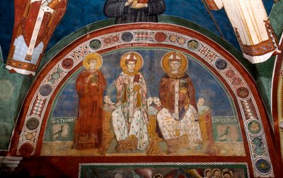 Représentation de Saint Étienne, martyr chrétien, Saint Thomas Becket (1118-1170), archevêque de Canterbury et Saint Nicolas de Myre ou Bari (270-345) Fresque anonyme (13ème siècle) Église inférieure. Monastère de Saint Benedetto (Sacro Speco), Subiaco (Ro - Italian School