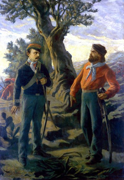 Risorgimento : Gerolamo Bixio dit Nino Bixio (1821-1873) et Giuseppe Garibaldi (1807-1882) à la bataille de Calatafimi en Sicile le 15/05/1860. Garibaldi proclame à Bixio qui suggère qu