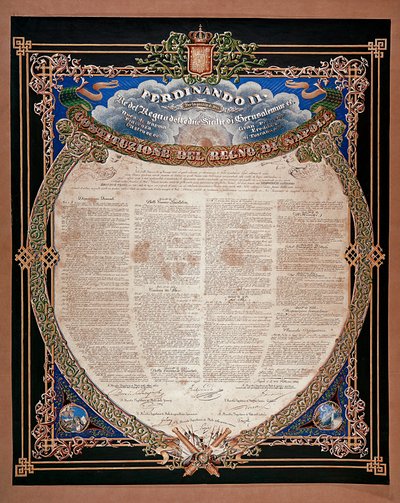 Risorgimento : constitution proclamée par le roi Ferdinand II des Deux-Siciles en 1847 - Italian School