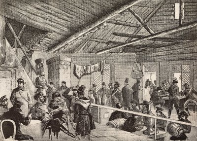 Soldats russes dans une taverne près des fortifications de Varsovie, Pologne, gravure d