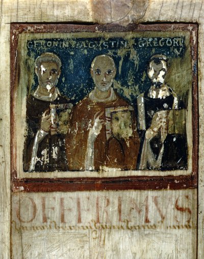 Saint Jérôme, Saint Augustin (354-430), et Saint Grégoire I le Grand (540-604), (détail) du Diptyque de Boèce, vers 487 - Italian School