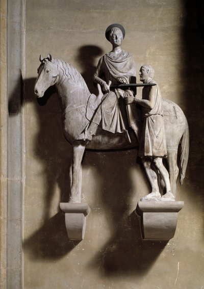 Saint Martin à cheval partageant son manteau avec un mendiant. Sculpture - Italian School