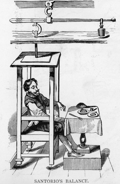 Santorio Santorio assis dans sa machine à balance - Italian School