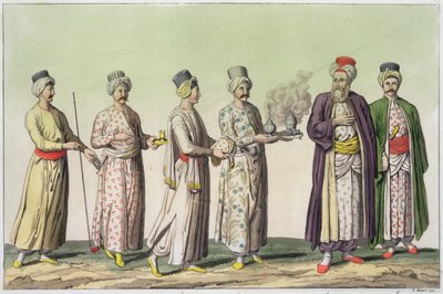 Serviteurs portant une pipe, un vase de douceurs, du café, un brasero et une cruche d