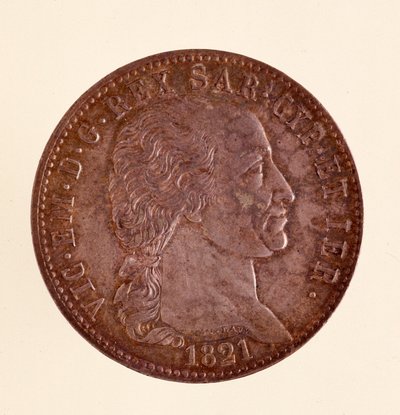 Pièce italienne en argent (écu) du royaume de Sardaigne : règne de Vittorio Emanuele I (Victor Emmanuel I) (1759-1824). 1821. Diam. 3,8 cm Naples, musée archéologique - Italian School