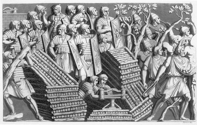 Soldats, peut-être construisant un ponton ou une machine de siège, peut-être de la Colonne Trajane, des Coutumes des Romains, vers 1800-10 (eau-forte et aquatinte) - Italian School