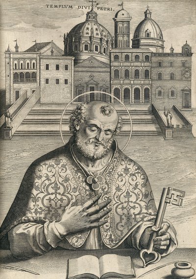 Saint Pierre devant la basilique Saint-Pierre de Septem Urbis Ecclesiae Primariae, pub. 1599 - Italian School
