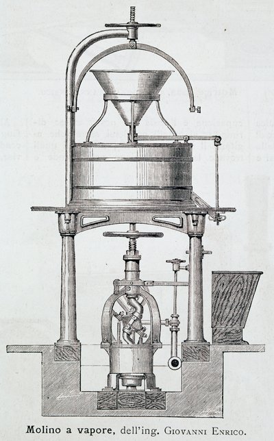 Moulin à vapeur conçu par Giovanni Enrico, gravure - Italian School
