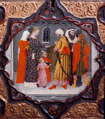 Dixième jour, neuvième nouvelle : le jour de Messer Torello et Saladin (1138-1193). Coffret peint illustrant le « Décaméron » de Giovanni Boccaccio (Jean Boccaccio) (1313-1375) - Italian School