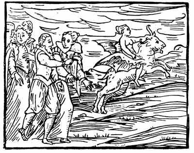 Le Diable, sous forme de chèvre volante, transportant une sorcière au Sabbat, illustration du Compendium Maleficarum par Francesco Maria Guazzo, 1608 - Italian School