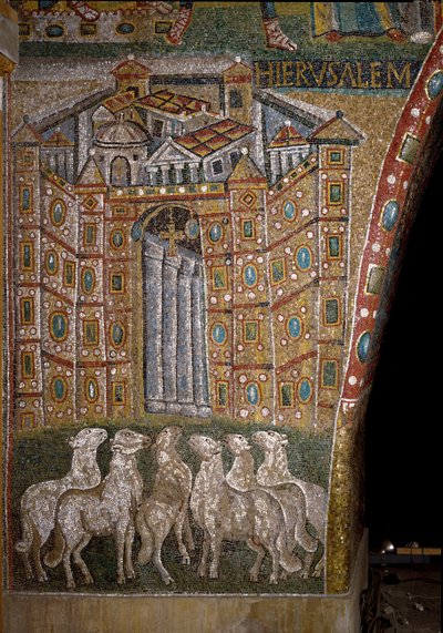La Porte de Jérusalem avec des agneaux symbolisant les Apôtres (mosaïque) - Italian School