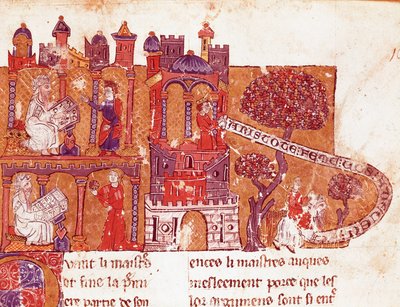 Le philosophe grec Aristote (383-322 av. J.-C.) enseigne à ses élèves la morale et le mépris des femmes (misogynie) Miniature d