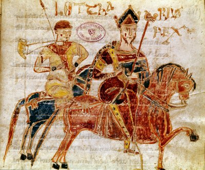 Le roi des Francs et ensuite Lothaire Ier (9e siècle) Miniature du « Codex Legum Longobardorum » décrivant les lois du royaume lombard établi par le roi Rothari - Italian School
