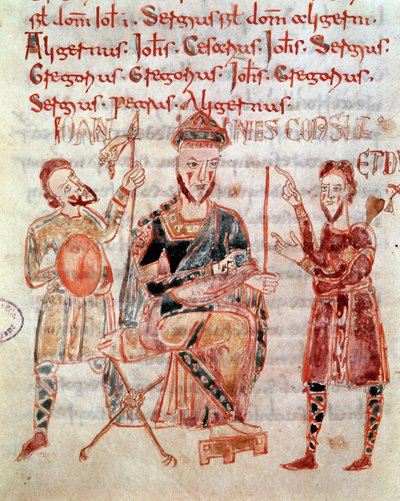Le prince lombard de Naples Giovanni (ca. 981) Miniature du Codex Legum Longobardorum décrivant les lois du royaume lombard établi par le roi Rothari - Italian School