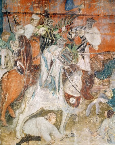 Le Mois de Février, détail de chevaliers à un tournoi, vers 1400 - Italian School