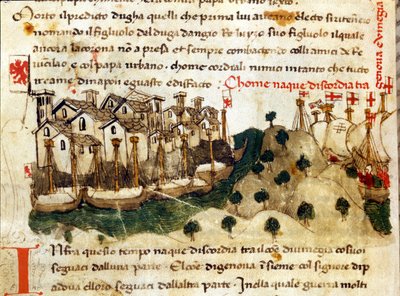 Le début de la guerre de Chioggia entre Gênes et Venise. Chroniques de Sercambi. Archives nationales, Lucques - Italian School