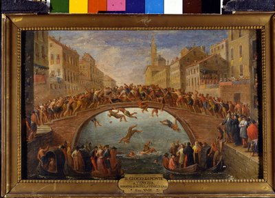 Le jeu du pont à Venise La bataille des bâtons sur le Ponte Santa Fosca. Peinture de l