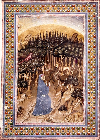 Le poète Dante se trouve dans une forêt sombre. Page enluminée du premier chant de l