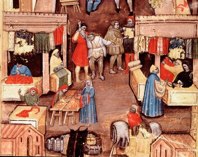 La promenade de la place Ravegnana à Bologne avec un marchand de tissus - Italian School