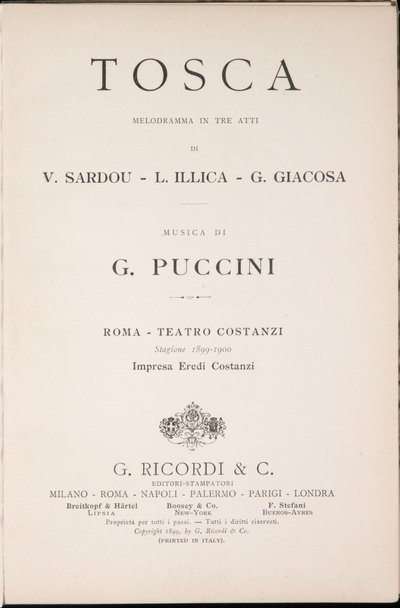 Page de titre, Libretto della Tosca, par Giacomo Puccini, Édition Ricordi, Italie - Italian School