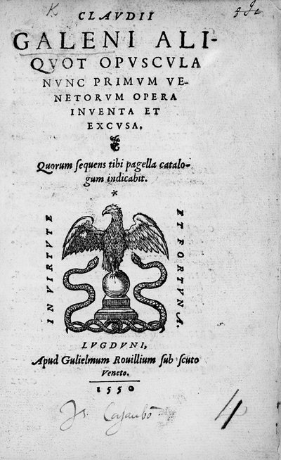 Page de titre de Claudi Galeni Aliquot opuscula nunc primum Venetorum opera inventa et excusa, une collection d