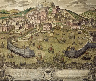 Ville de Trieste et son port franc, gravure en couleur, Italie - Italian School