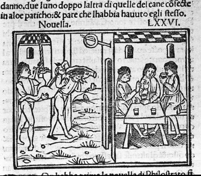 Deux hommes portant un cochon sur leurs épaules. Illustration pour la nouvelle 76 (Nouvelle 6 du huitième jour) du « Décaméron » de Giovanni Boccaccio dit Jean Boccaccio (1313-1375), écrivain italien. Gravure dans « Decamerone ouer Cento novelle » Venise,  - Italian School