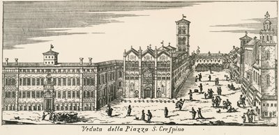 Vue de la Piazza San Crispino et de la cathédrale de Ferrare, gravure, Italie - Italian School