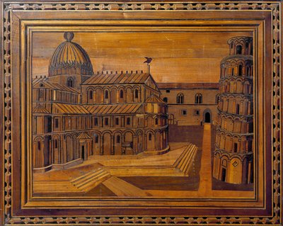 Vue de la cathédrale de Pise (Duomo di Santa Maria Assunta di Pisa) et de la tour penchée (Torre pendente) sur la place des Miracles (Piazza dei Miracoli) Marqueterie du 15ème siècle. Conservée dans le presbytère de la cathédrale, Pise - Italian School