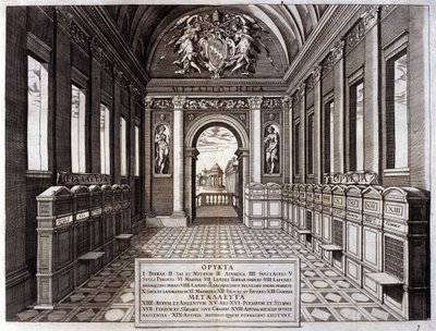 Vue du musée de Michele Mercati (1541-1595), intendant des jardins botaniques du Vatican. Gravure de « Metallotheca... » Rome 1717 - 1719 - Italian School