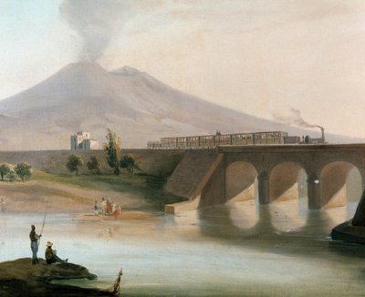 Vue de la ligne de chemin de fer entre Torre Annunziata et Nocera dans la région de Naples inaugurée en 1844, le Vésuve est visible en arrière-plan - Italian School