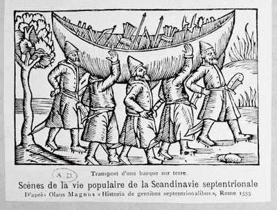 Les Vikings transportant un bateau en Russie, illustration de Historia de Gentibus Septentrionalibus par Olaus Magnus (1490-1558), publié à Rome, 1555 - Italian School