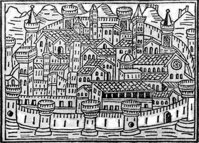 Ville fortifiée tirée du Supplementum Chronicarum par Giacomo Filippo Foresti, 1506 - Italian School
