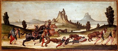 Scène de chasse à la faune. Les chasseurs se font mordre par des animaux. Peinture de l