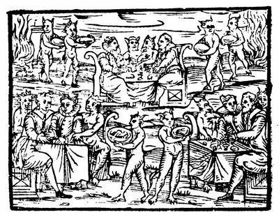 Sorcières et sorciers festoyant au Sabbat, illustration du Compendium Maleficarum par Francesco Maria Guazzo, 1608 - Italian School