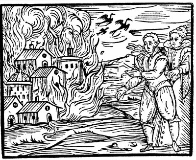 Sorcières détruisant une maison par le feu, Souabe en 1533, illustration du Compendium Maleficarum par Francesco Maria Guazzo, 1608 - Italian School