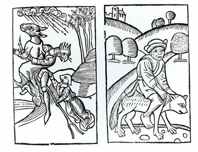 Sorcières déguisées en animaux chevauchant un balai (à gauche) et sorcier chevauchant un loup (à droite), copies d