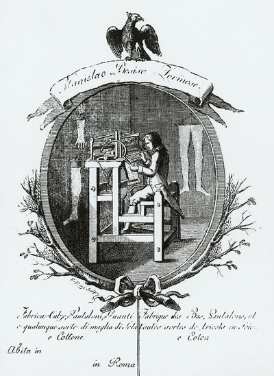 Ouvrier au métier à tisser, Image publicitaire de Stanislaus Bosisio Torinese, fabricant de chaussettes, pantalons, gants et toutes sortes de tricots en soie et coton, gravure, Italie - Italian School