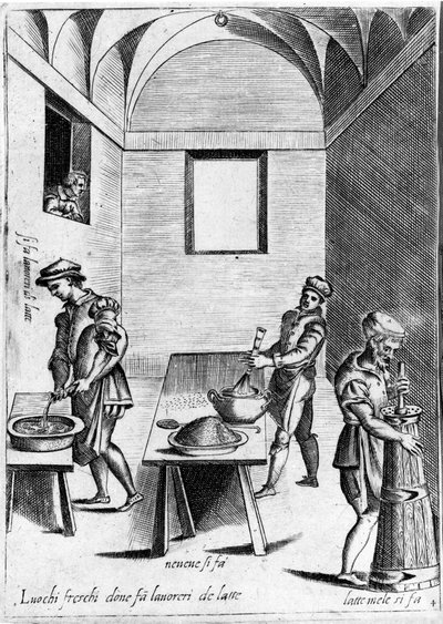 Travail du lait (produit laitier) dans un endroit frais. Gravure de « Opera », livre de gastronomie divisé en 6 parties, par Bartolomeo Scappi, cuisinier personnel du pape Pie V. Venise - Italian School