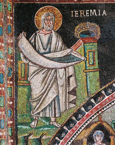 Prophète Jérémie, mosaïque, à gauche de la lunette, mur nord du presbytère, Basilique de San Vitale - Italian School