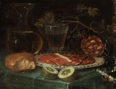 Nature morte avec morceau de pain, carafe en verre, verre à vin, assiette avec jambon et saucisse de jambon, citron et couteau avec manche en nacre - Italo flämischer Maler des 17. Jahrhunderts