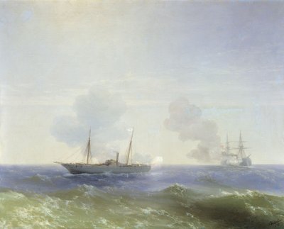 Russe : "Combat du bateau à vapeur Vesta avec le cuirassé turc Fehti-Bulend dans la mer Noire le 11 juillet 1877 " Combat du bateau à vapeur Vesta avec le cuirassé turc Fehti-Bulend dans la mer Noire le 11 juillet 1877 - Ivan Aivazovsky
