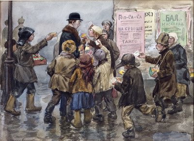 Un étranger attaqué par des vendeurs de cigarettes à Petrograd par Vladimirov, Ivan Alexeyevich (1869-1947) - Ivan Alexeyevich Vladimirov