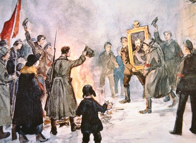 Soldats bolcheviks sur le point de brûler un portrait du Tsar, pendant la Révolution russe de 1917 - Ivan Alexeyevich Vladimirov