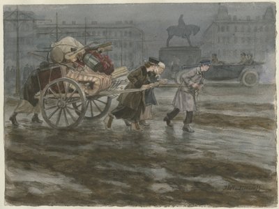 Famille déplaçant ses biens sur une charrette de la série d