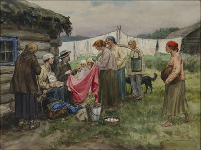 Années de famine à Petrograd. Échange de marchandises contre des provisions dans un village près d